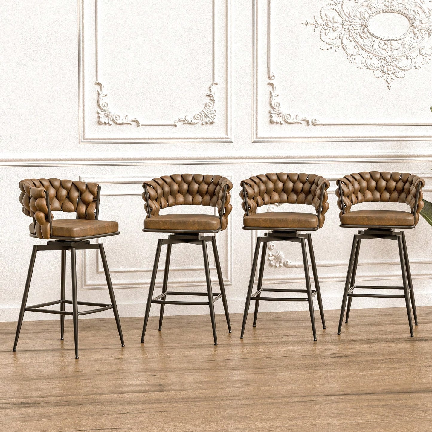 Leather Woven Bar Stools Set of 2 360° Swivel Counter Height Chairs with Backrest Footrest for Home Bar Cafe Restaurant