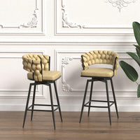 Leather Woven Bar Stools Set of 2 360° Swivel Counter Height Chairs with Backrest Footrest for Home Bar Cafe Restaurant