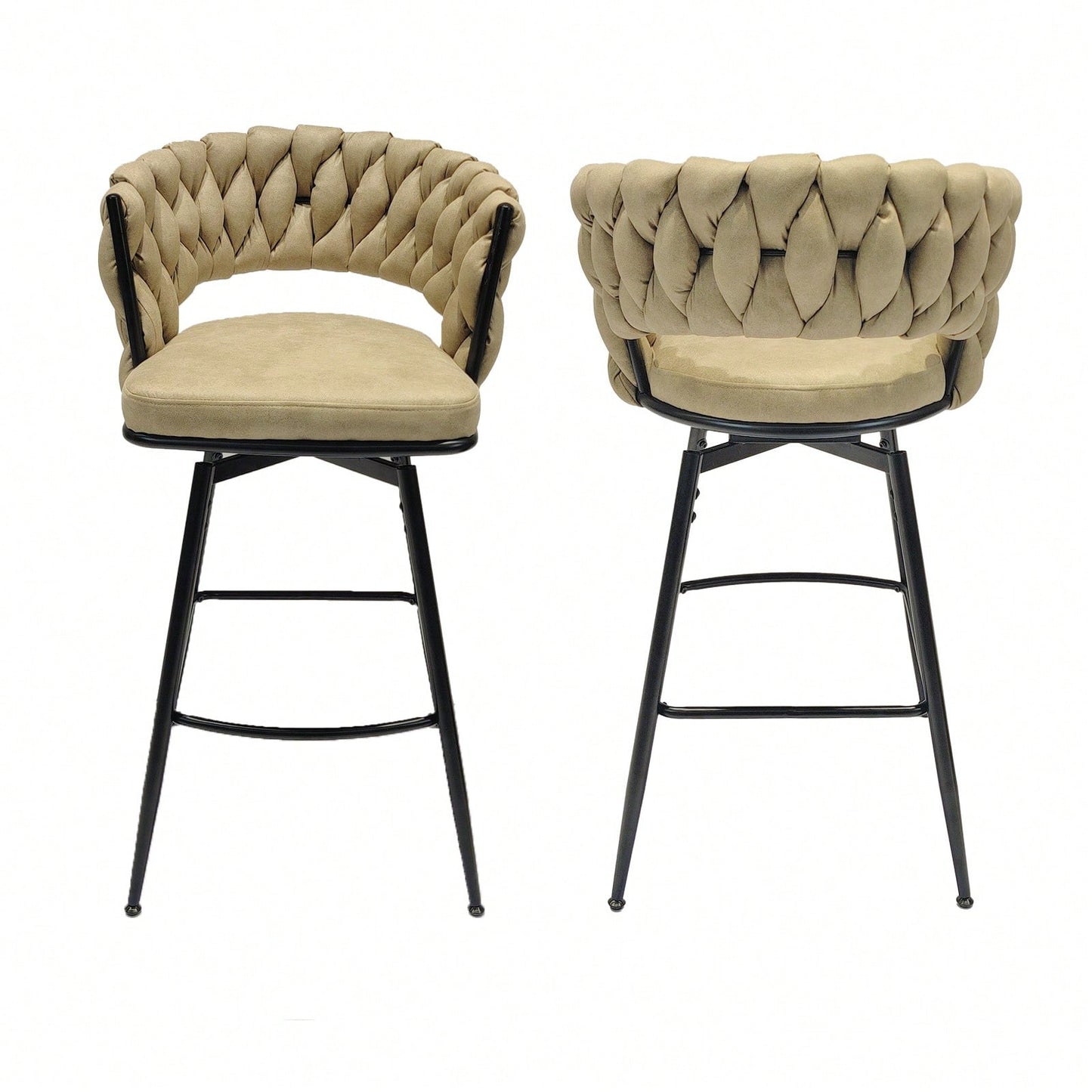 Leather Woven Bar Stools Set of 2 360° Swivel Counter Height Chairs with Backrest Footrest for Home Bar Cafe Restaurant