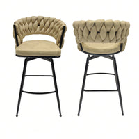 Leather Woven Bar Stools Set of 2 360° Swivel Counter Height Chairs with Backrest Footrest for Home Bar Cafe Restaurant