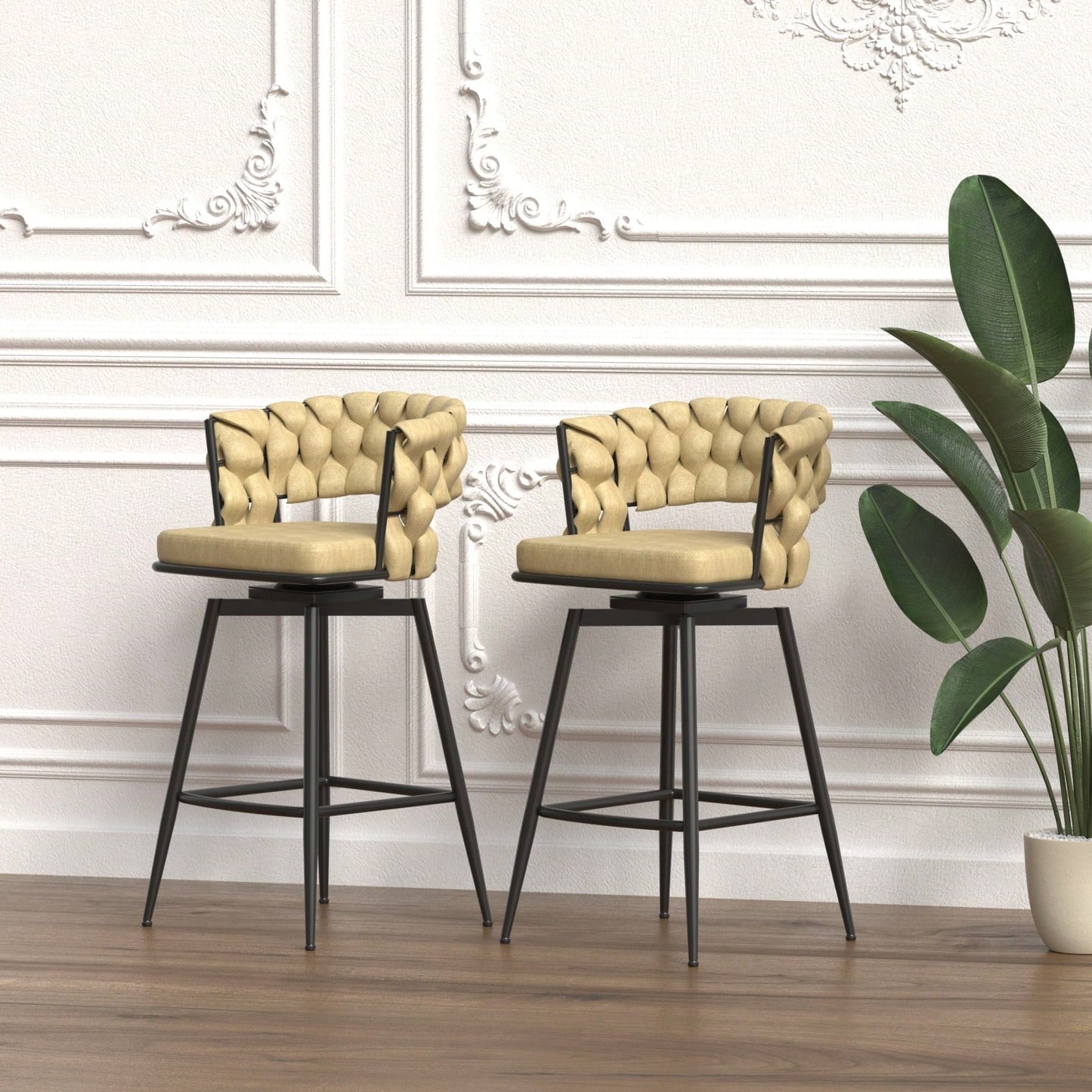 Leather Woven Bar Stools Set of 2 360° Swivel Counter Height Chairs with Backrest Footrest for Home Bar Cafe Restaurant
