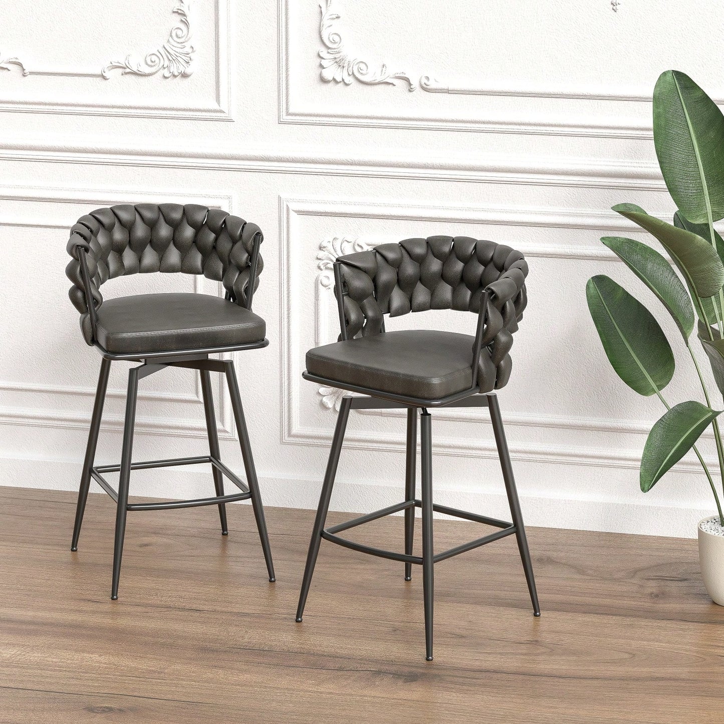 Leather Woven Bar Stools Set of 2 360° Swivel Counter Height Chairs with Backrest Footrest for Home Bar Cafe Restaurant