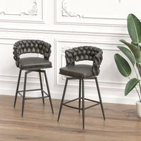 Leather Woven Bar Stools Set of 2 360° Swivel Counter Height Chairs with Backrest Footrest for Home Bar Cafe Restaurant
