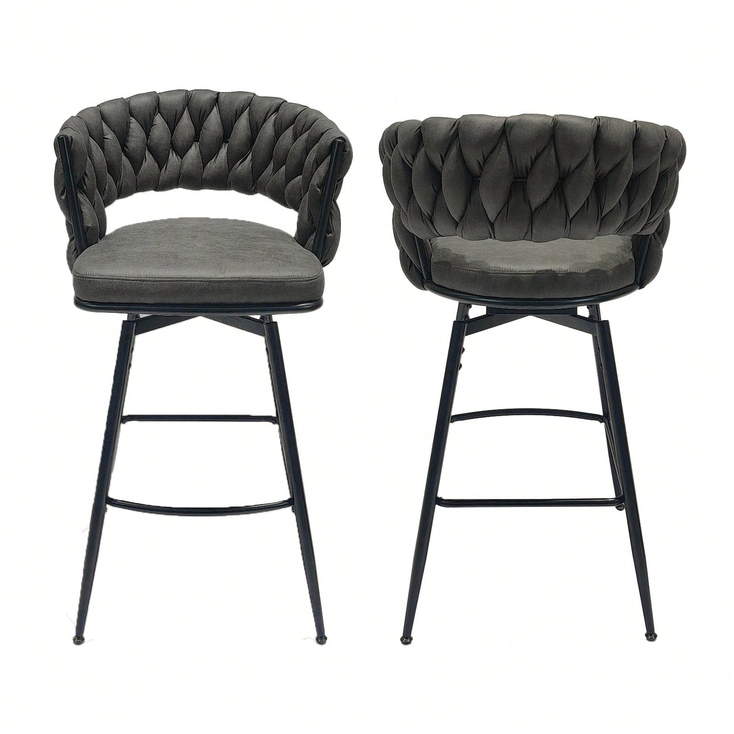 Leather Woven Bar Stools Set of 2 360° Swivel Counter Height Chairs with Backrest Footrest for Home Bar Cafe Restaurant