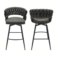 Leather Woven Bar Stools Set of 2 360° Swivel Counter Height Chairs with Backrest Footrest for Home Bar Cafe Restaurant