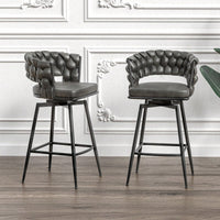 Leather Woven Bar Stools Set of 2 360° Swivel Counter Height Chairs with Backrest Footrest for Home Bar Cafe Restaurant