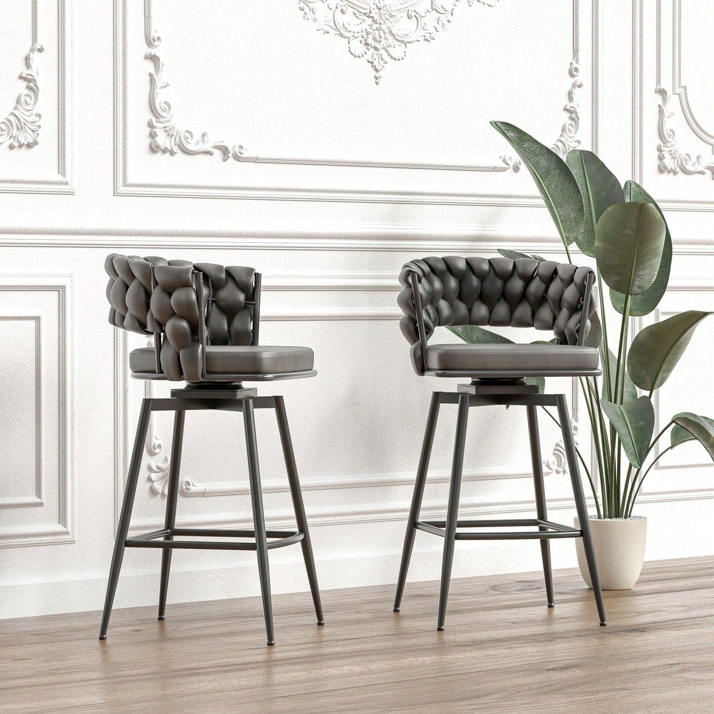Leather Woven Bar Stools Set of 2 360° Swivel Counter Height Chairs with Backrest Footrest for Home Bar Cafe Restaurant