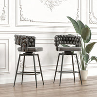 Leather Woven Bar Stools Set of 2 360° Swivel Counter Height Chairs with Backrest Footrest for Home Bar Cafe Restaurant