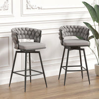Leather Woven Bar Stools Set of 2 360° Swivel Counter Height Chairs with Backrest Footrest for Home Bar Cafe Restaurant