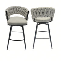 Leather Woven Bar Stools Set of 2 360° Swivel Counter Height Chairs with Backrest Footrest for Home Bar Cafe Restaurant