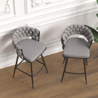 Leather Woven Bar Stools Set of 2 360° Swivel Counter Height Chairs with Backrest Footrest for Home Bar Cafe Restaurant