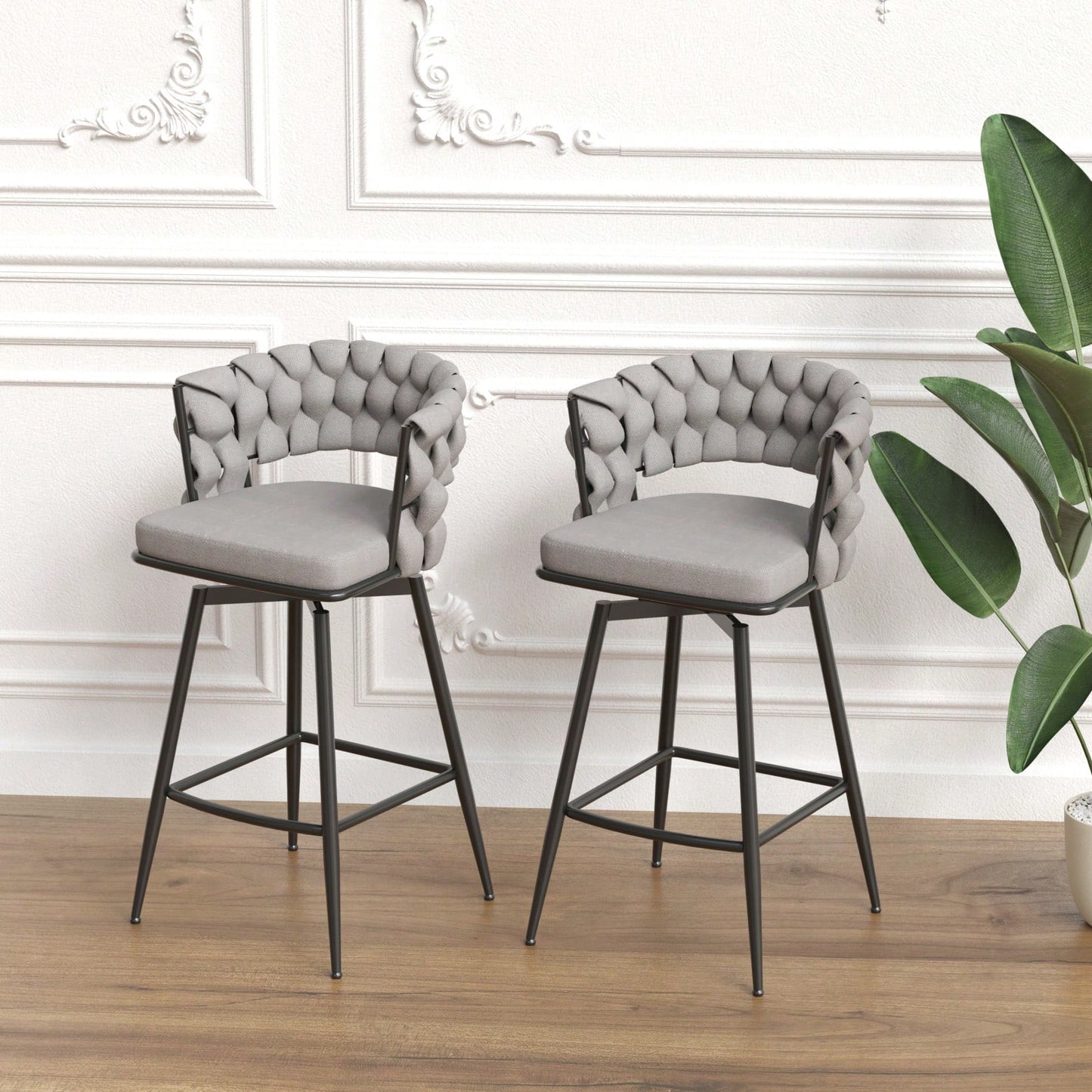 Leather Woven Bar Stools Set of 2 360° Swivel Counter Height Chairs with Backrest Footrest for Home Bar Cafe Restaurant
