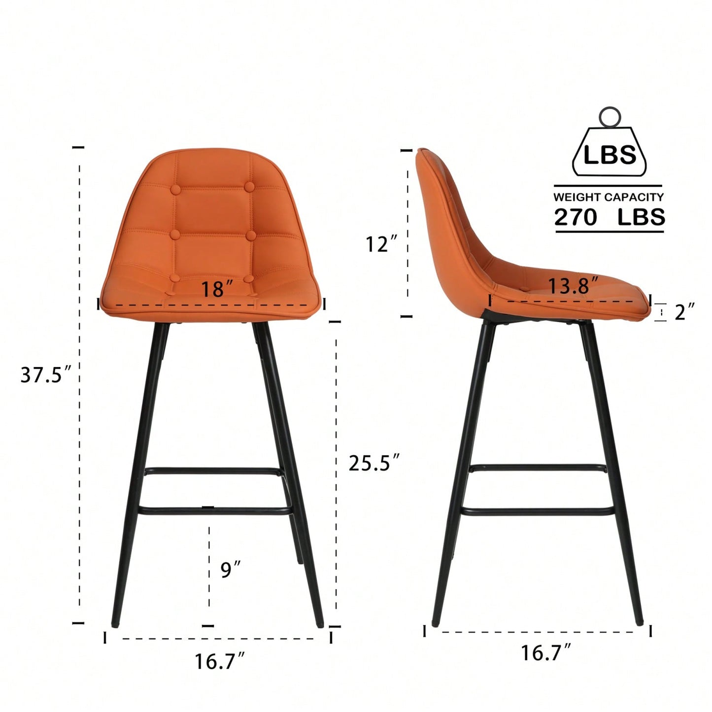 Counter Stools, Set Of 2 Bar Stools With Back And Footrest, Modern Metal Counter Height Barstools For Kitchen Home Bar