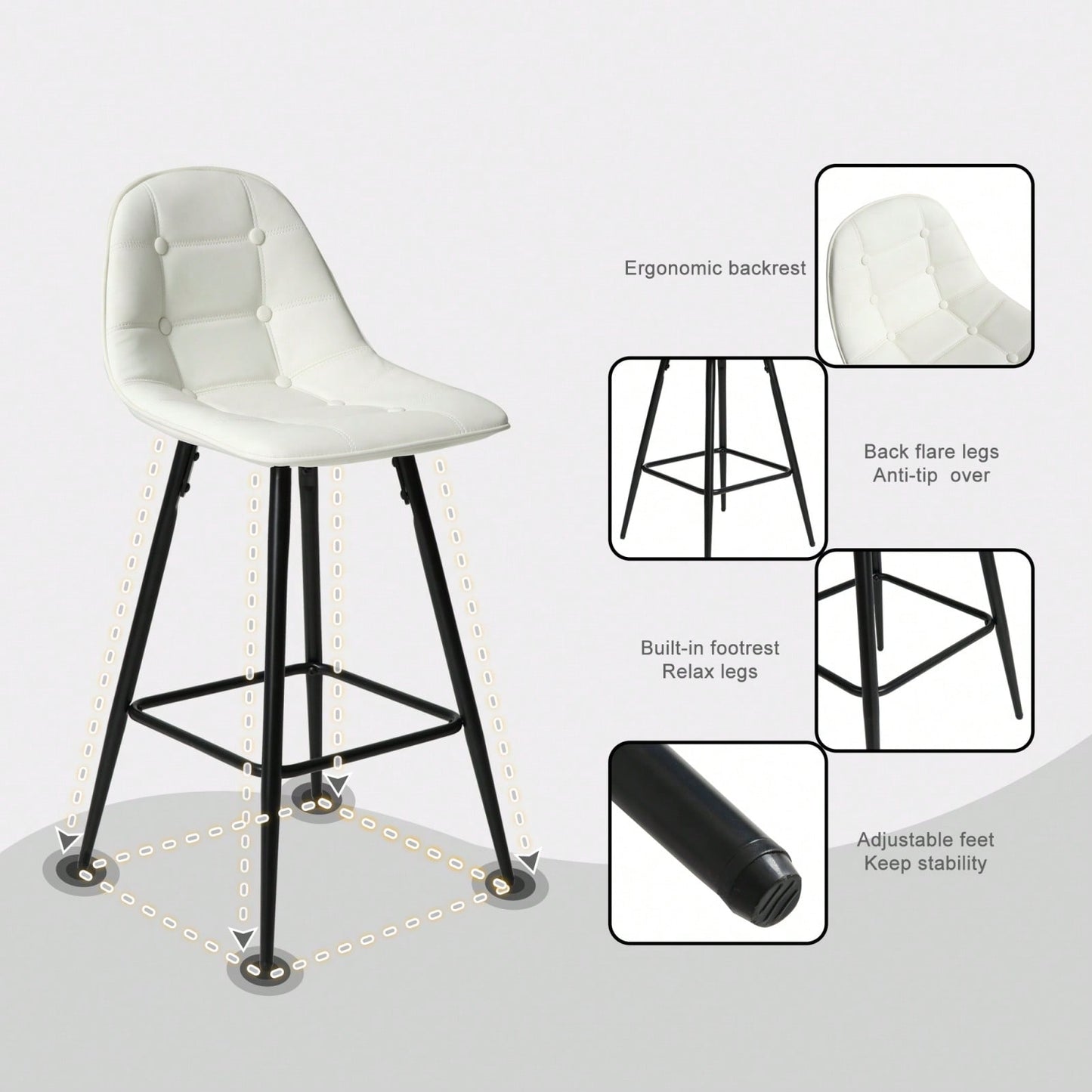 Counter Stools, Set Of 2 Bar Stools With Back And Footrest, Modern Metal Counter Height Barstools For Kitchen Home Bar