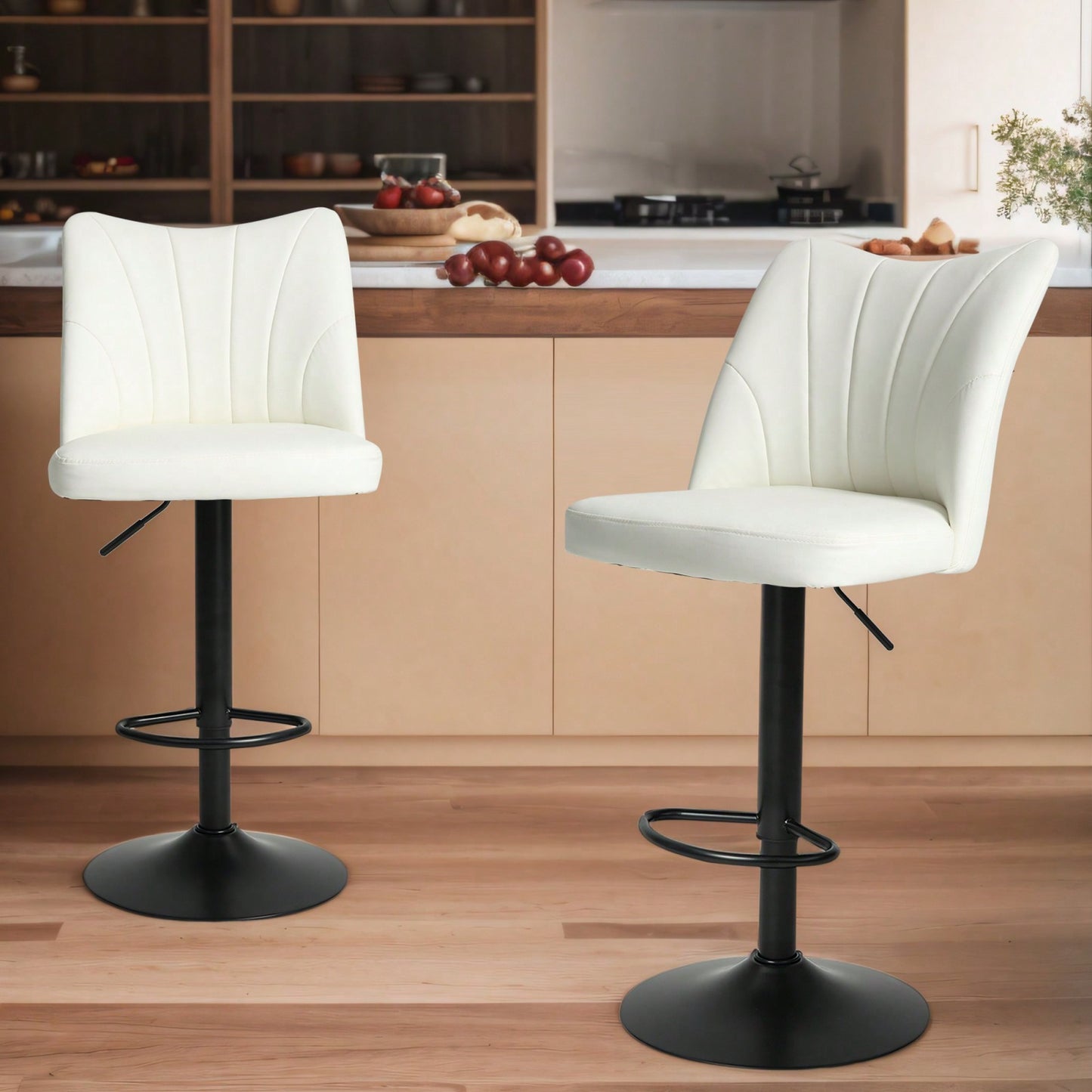 2 Swivel Bar Stools Set, Height Adjustable Counter Stool, Modern Armless Faux Leather Barstool Chairs With Backs For Kitchen Island