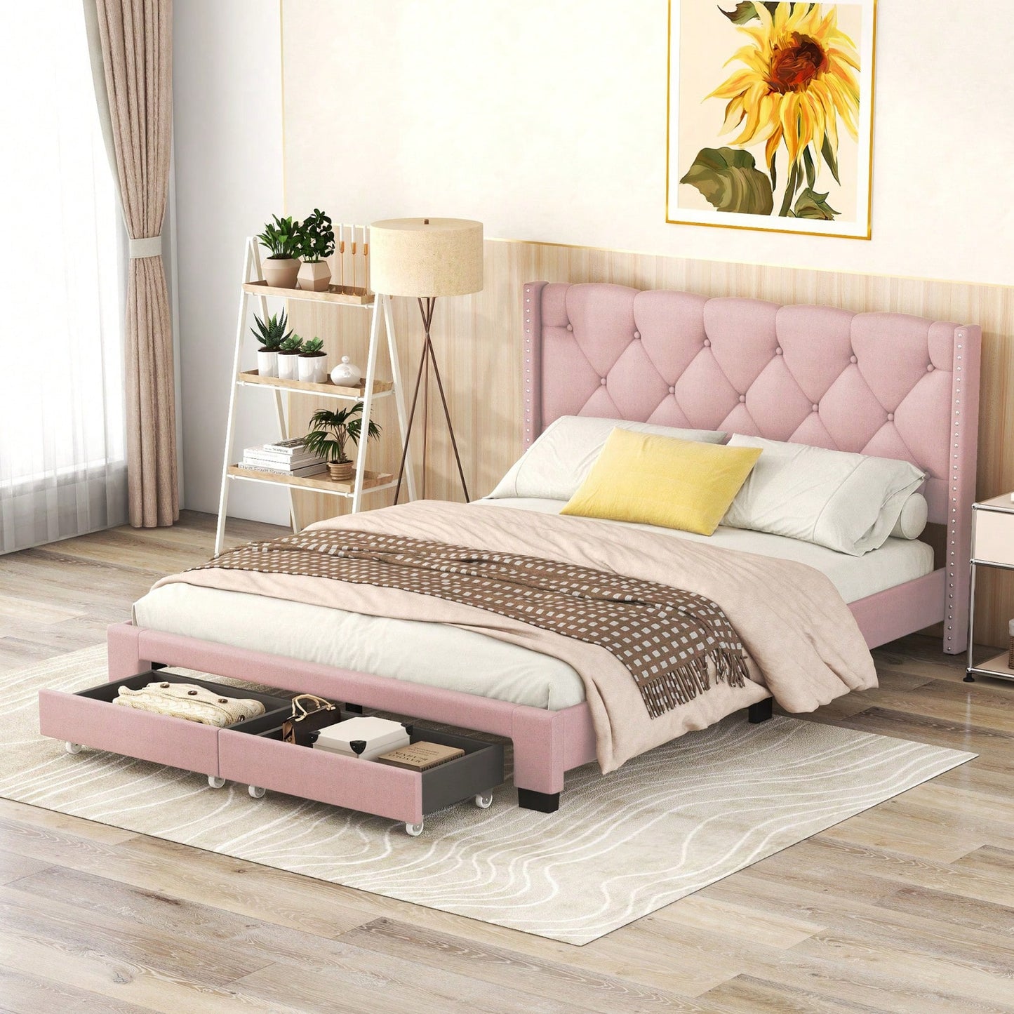 Queen Size Storage Bed Linen Upholstered Platform Bed With Two Drawers