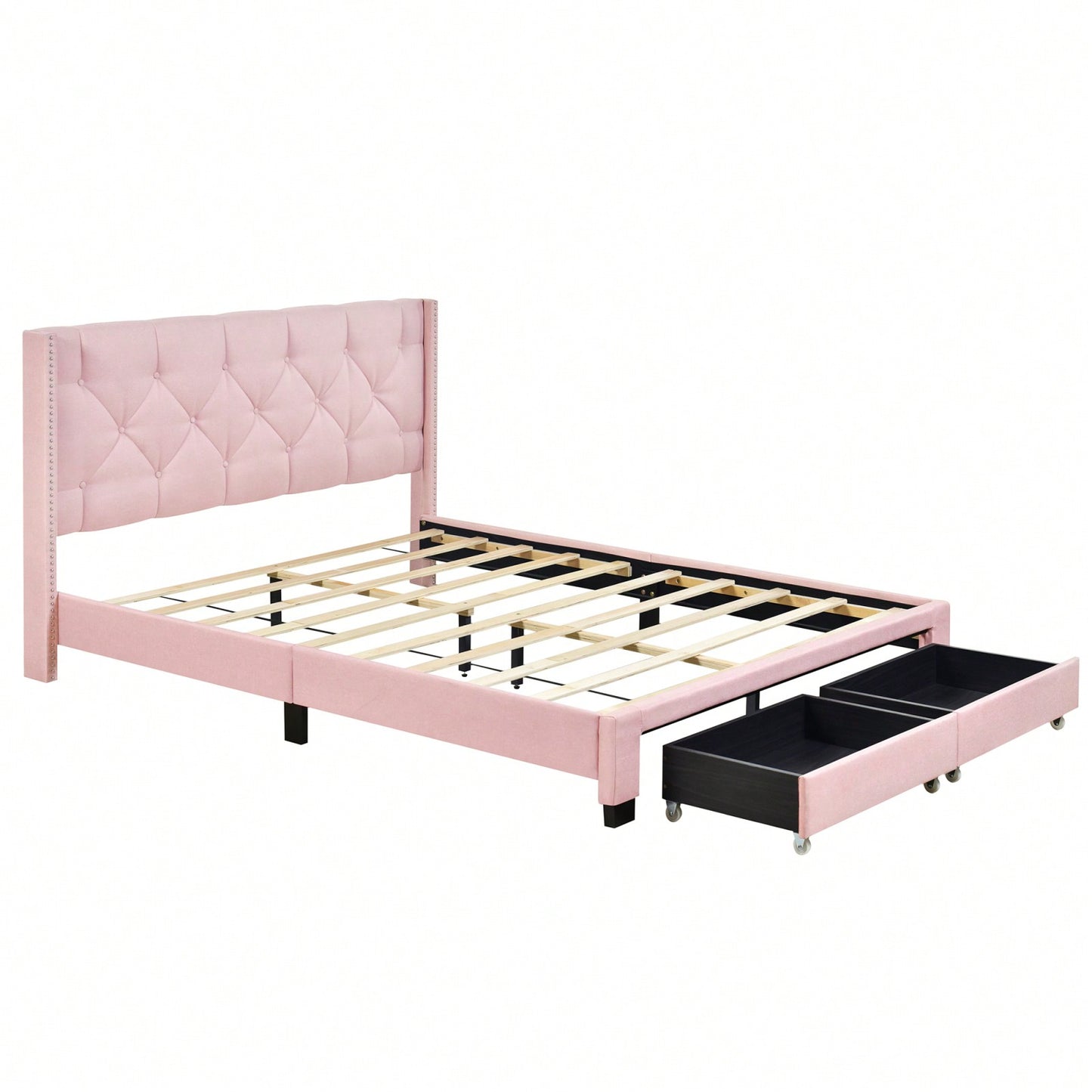 Queen Size Storage Bed Linen Upholstered Platform Bed With Two Drawers