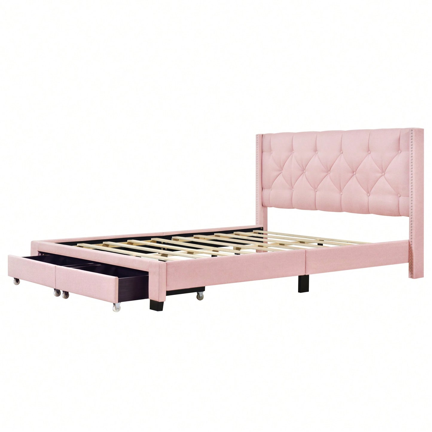 Queen Size Storage Bed Linen Upholstered Platform Bed With Two Drawers