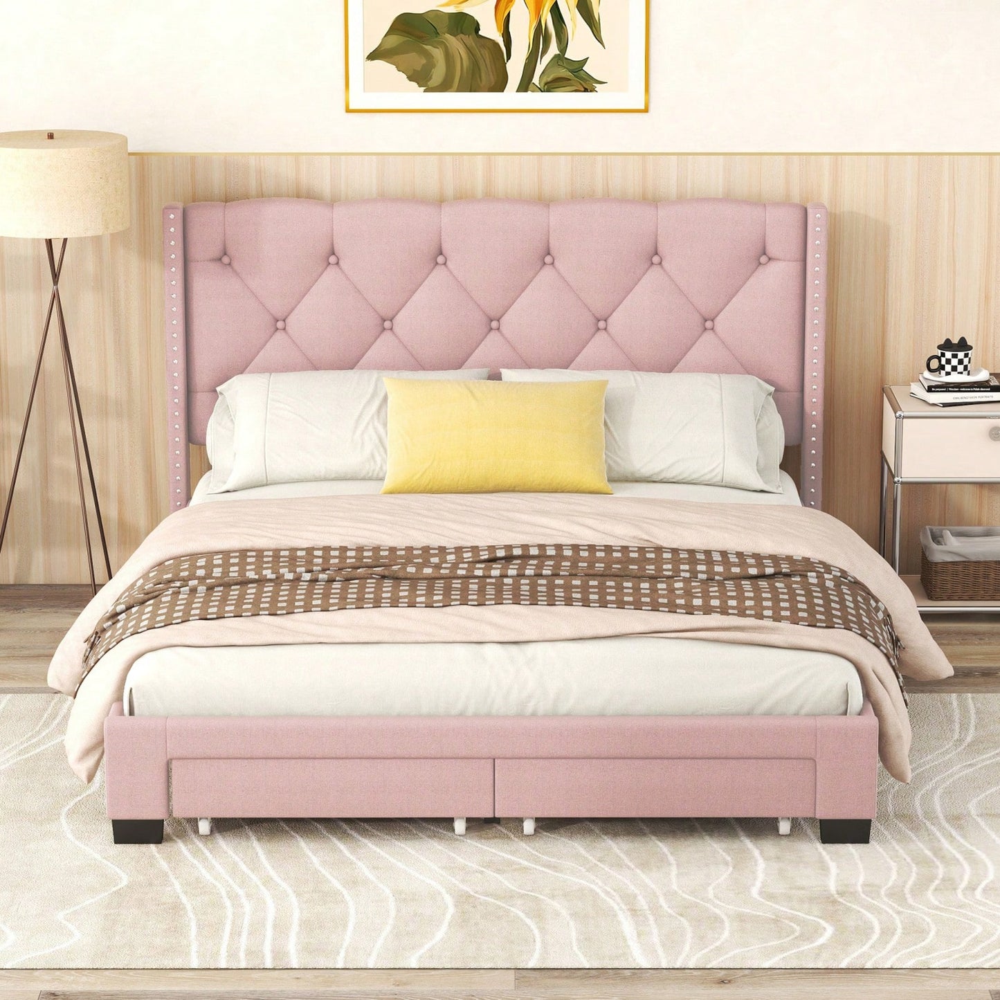 Queen Size Storage Bed Linen Upholstered Platform Bed With Two Drawers