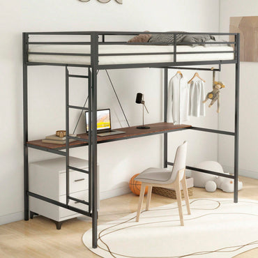 Twin Loft Bunk Bed With Desk And Closet Rod, Black