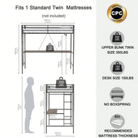 Twin Loft Bunk Bed With Desk And Closet Rod, Black