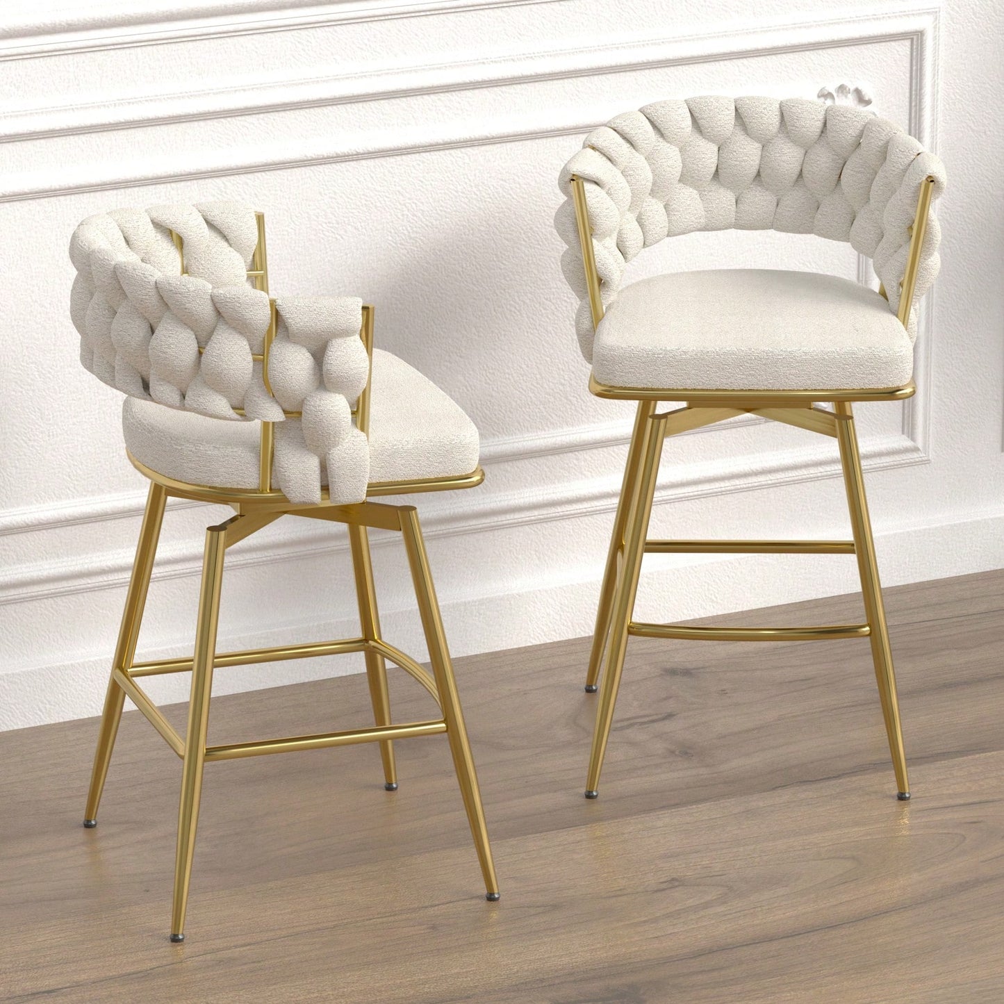 Set of 2 Suede Upholstered 360 Swivel Bar Stools with Back and Footrest for Kitchen Island