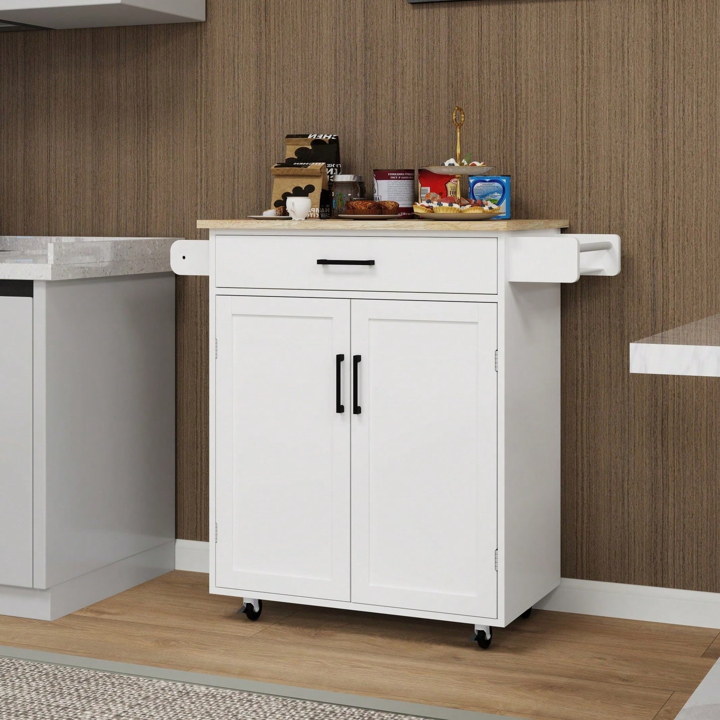 Rolling Kitchen Island Cart with Drawer and Doors Adjustable Shelves Towel and Seasoning Racks Rubber Wood Top