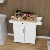 Rolling Kitchen Island Cart with Drawer and Doors Adjustable Shelves Towel and Seasoning Racks Rubber Wood Top