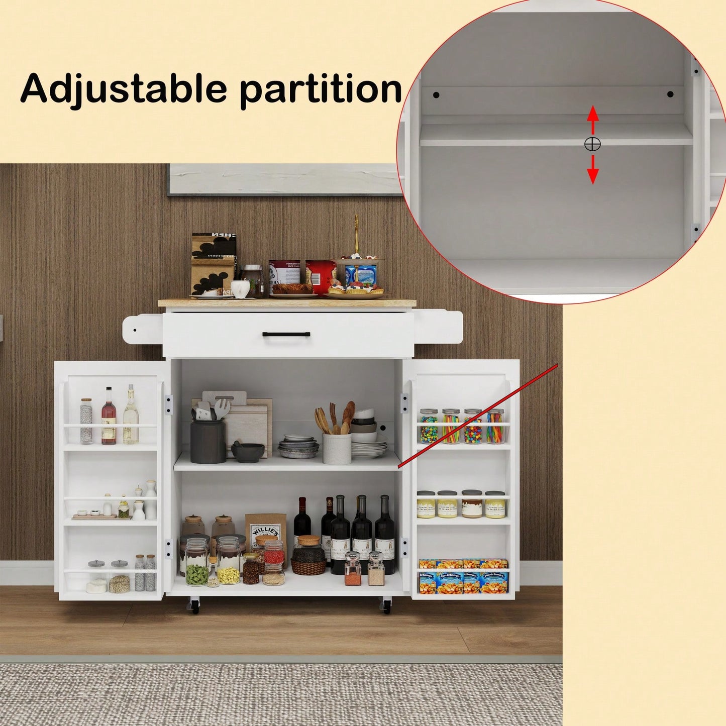 Rolling Kitchen Island Cart with Drawer and Doors Adjustable Shelves Towel and Seasoning Racks Rubber Wood Top