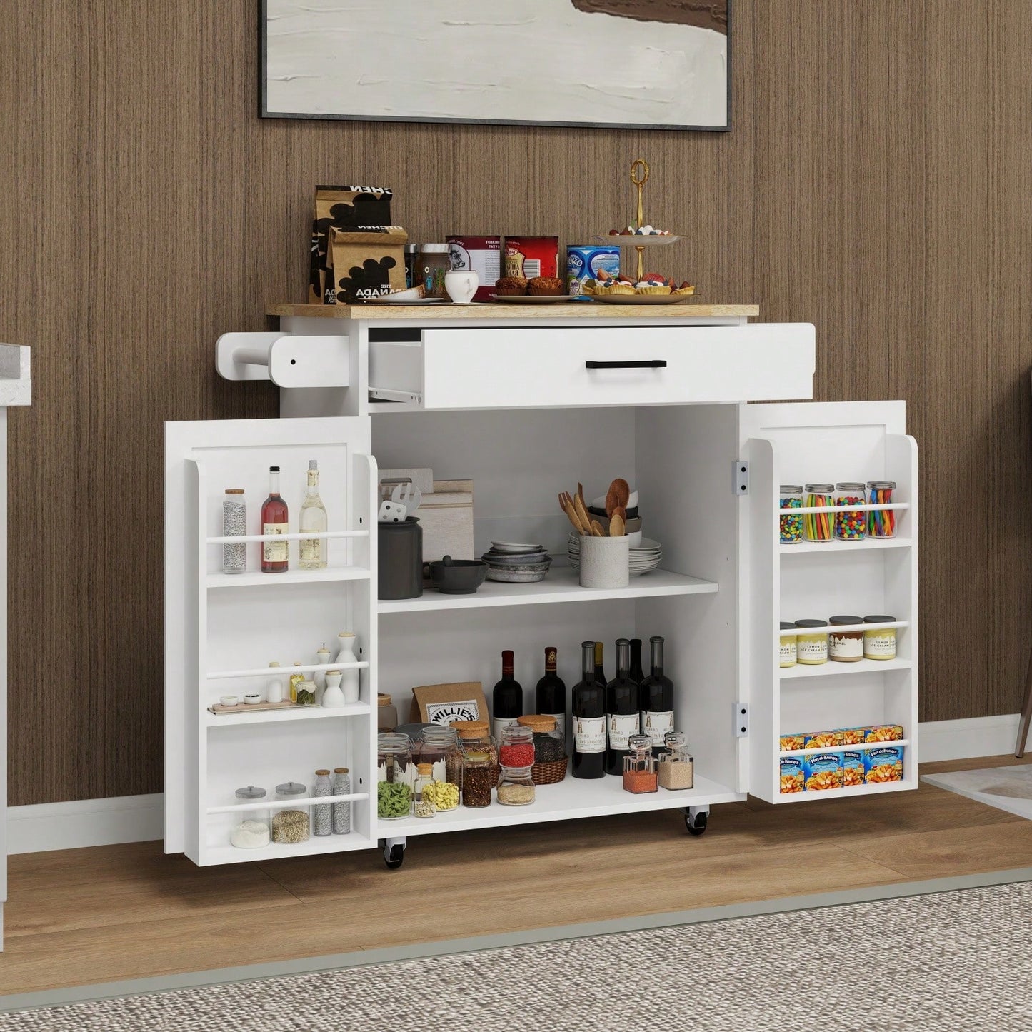 Rolling Kitchen Island Cart with Drawer and Doors Adjustable Shelves Towel and Seasoning Racks Rubber Wood Top