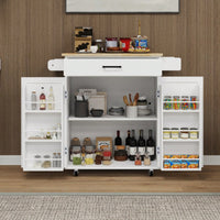 Rolling Kitchen Island Cart with Drawer and Doors Adjustable Shelves Towel and Seasoning Racks Rubber Wood Top