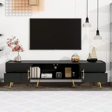 Stylish LED TV Stand for 80 Inch TVs with 4 Drawers and Brown Glass Door Media Console for Living Room