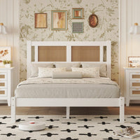 Wooden Platform Bed With Rattan Headboard, Exquisite Elegance With Minimalist Charm For Bedroom