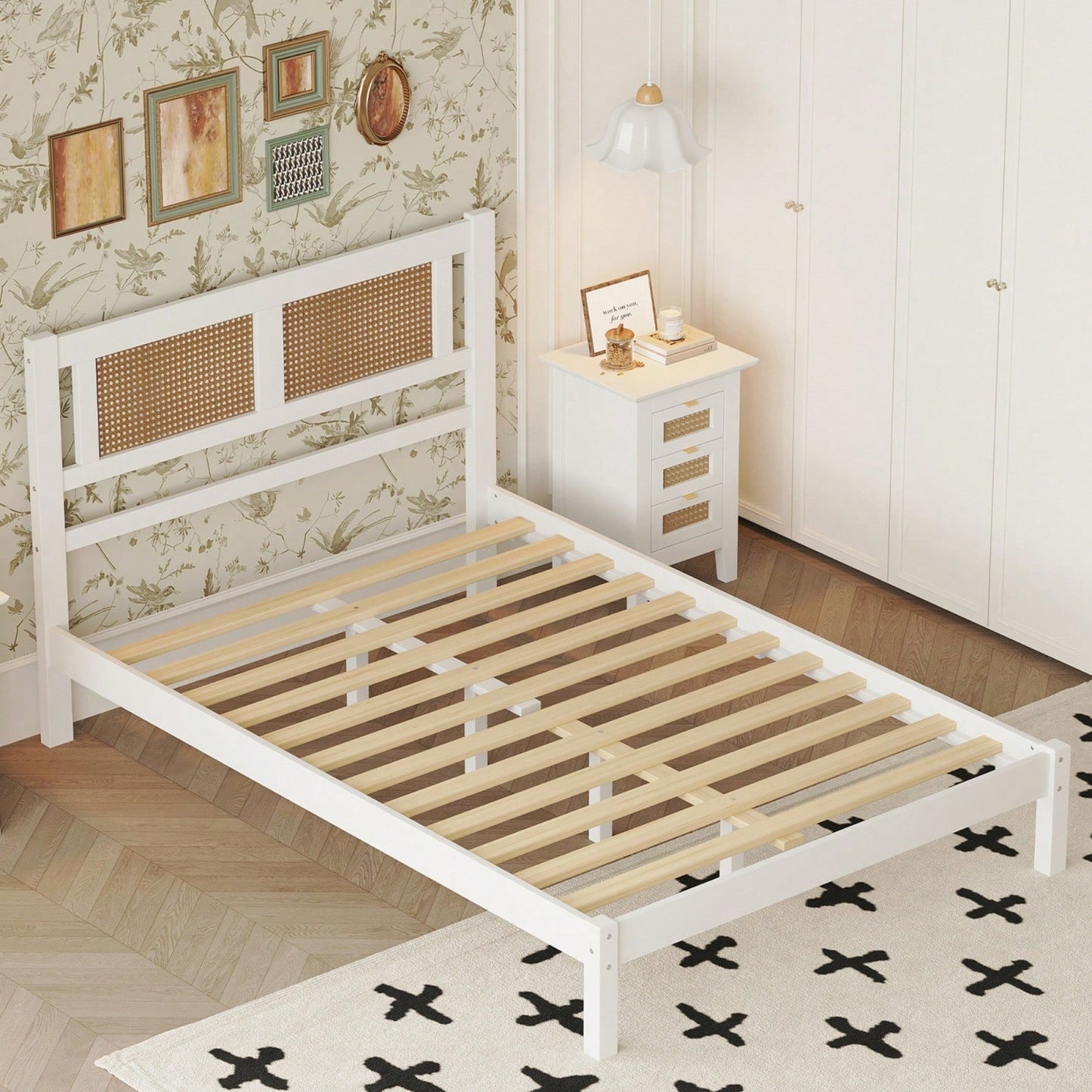 Wooden Platform Bed With Rattan Headboard, Exquisite Elegance With Minimalist Charm For Bedroom