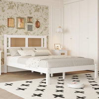 Wooden Platform Bed With Rattan Headboard, Exquisite Elegance With Minimalist Charm For Bedroom