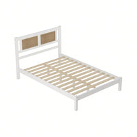 Wooden Platform Bed With Rattan Headboard, Exquisite Elegance With Minimalist Charm For Bedroom