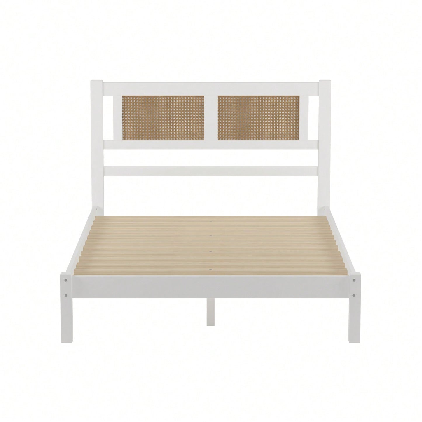 Wooden Platform Bed With Rattan Headboard, Exquisite Elegance With Minimalist Charm For Bedroom