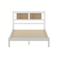 Wooden Platform Bed With Rattan Headboard, Exquisite Elegance With Minimalist Charm For Bedroom