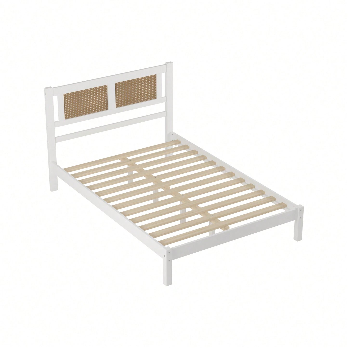 Wooden Platform Bed With Rattan Headboard, Exquisite Elegance With Minimalist Charm For Bedroom