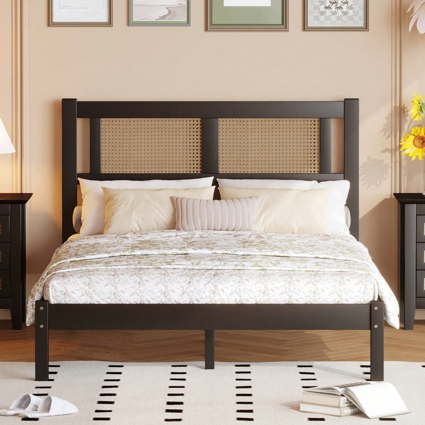 Wooden Platform Bed With Rattan Headboard, Exquisite Elegance With Minimalist Charm For Bedroom