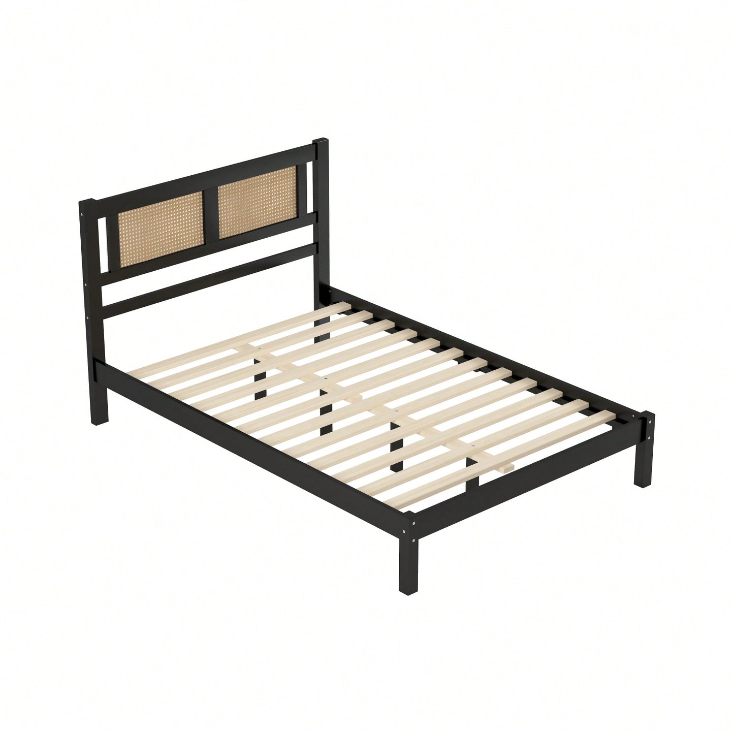 Wooden Platform Bed With Rattan Headboard, Exquisite Elegance With Minimalist Charm For Bedroom