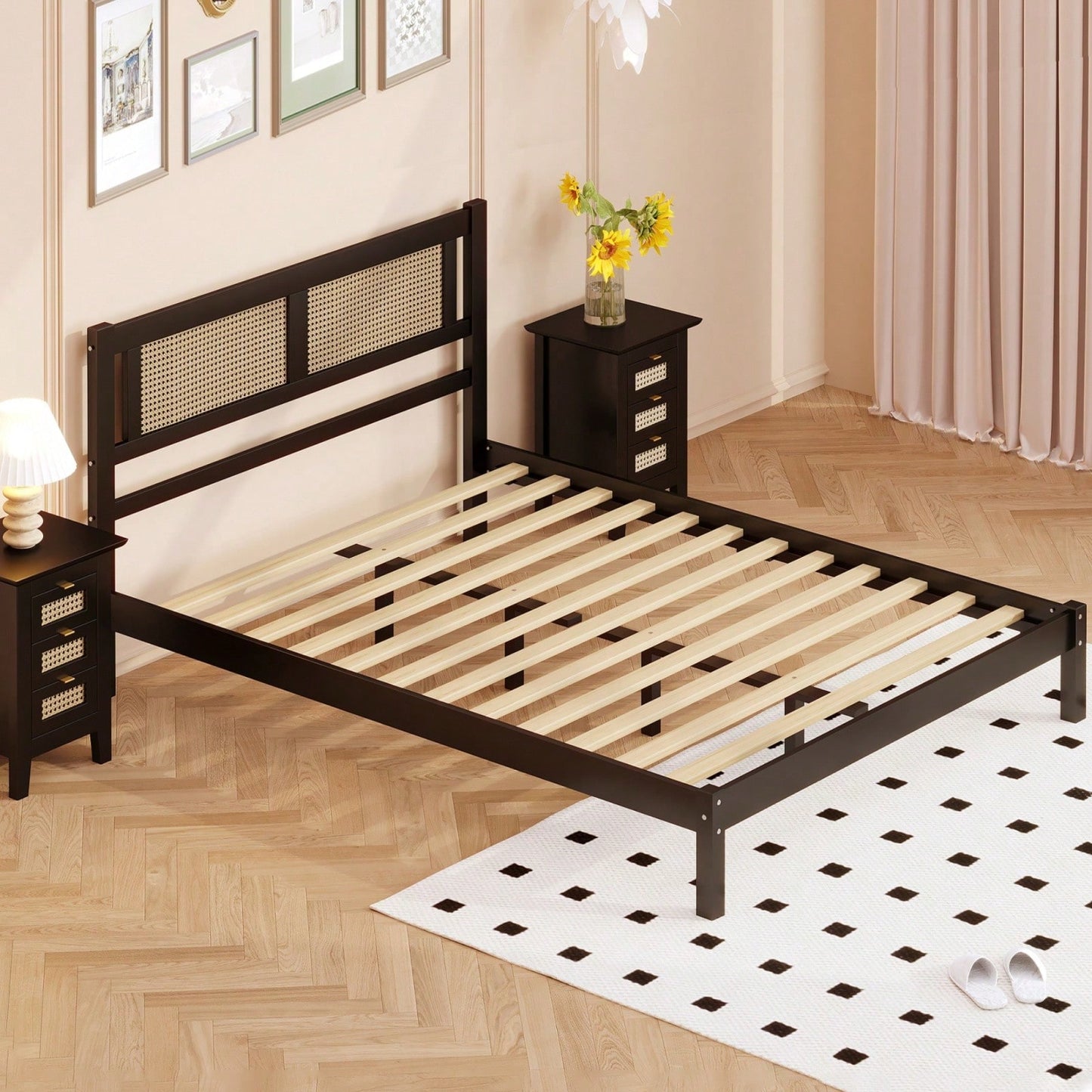 Wooden Platform Bed With Rattan Headboard, Exquisite Elegance With Minimalist Charm For Bedroom