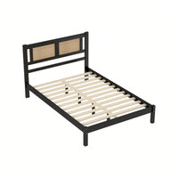 Wooden Platform Bed With Rattan Headboard, Exquisite Elegance With Minimalist Charm For Bedroom