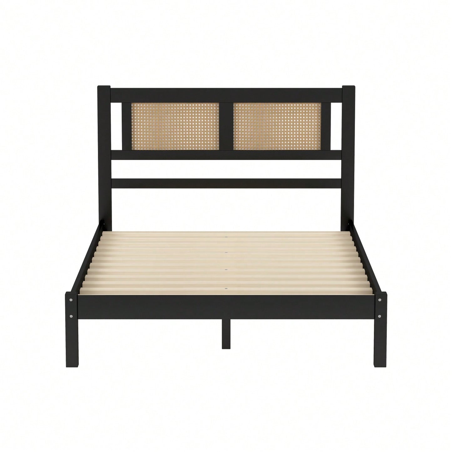 Wooden Platform Bed With Rattan Headboard, Exquisite Elegance With Minimalist Charm For Bedroom