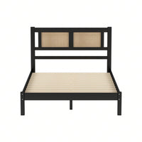 Wooden Platform Bed With Rattan Headboard, Exquisite Elegance With Minimalist Charm For Bedroom