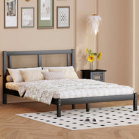 Wooden Platform Bed With Rattan Headboard, Exquisite Elegance With Minimalist Charm For Bedroom