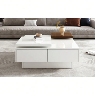 Modern Square Coffee Table With Movable Top & Storage - High Gloss Finish, 4 Drawers, Versatile Design For Living Room, Easy Assembly