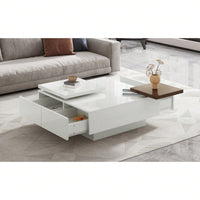 Modern Square Coffee Table With Movable Top & Storage - High Gloss Finish, 4 Drawers, Versatile Design For Living Room, Easy Assembly