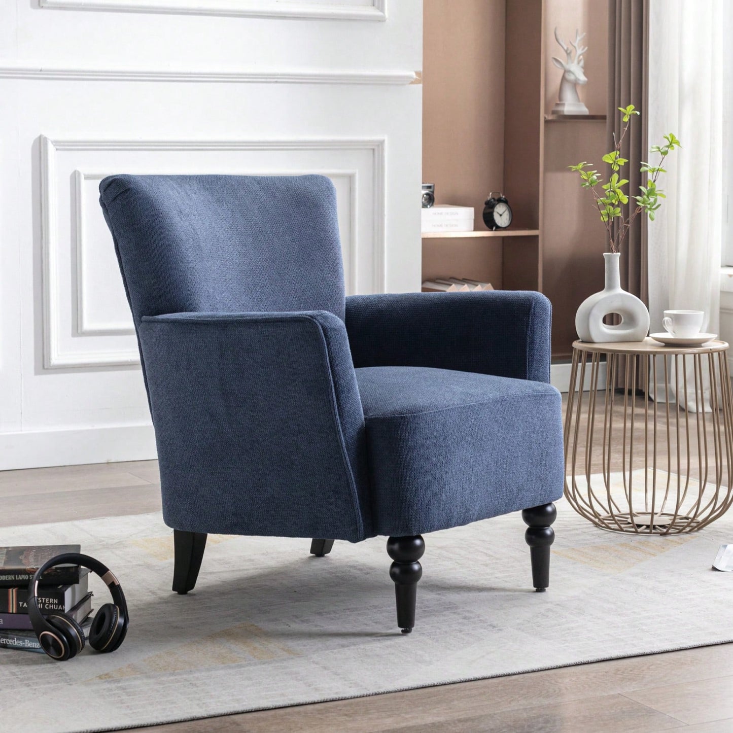 Modern Accent Sofa Chair With Linen Surface,Leisure Chair With Solid Wood Feet For Living Room Bedroom Studio