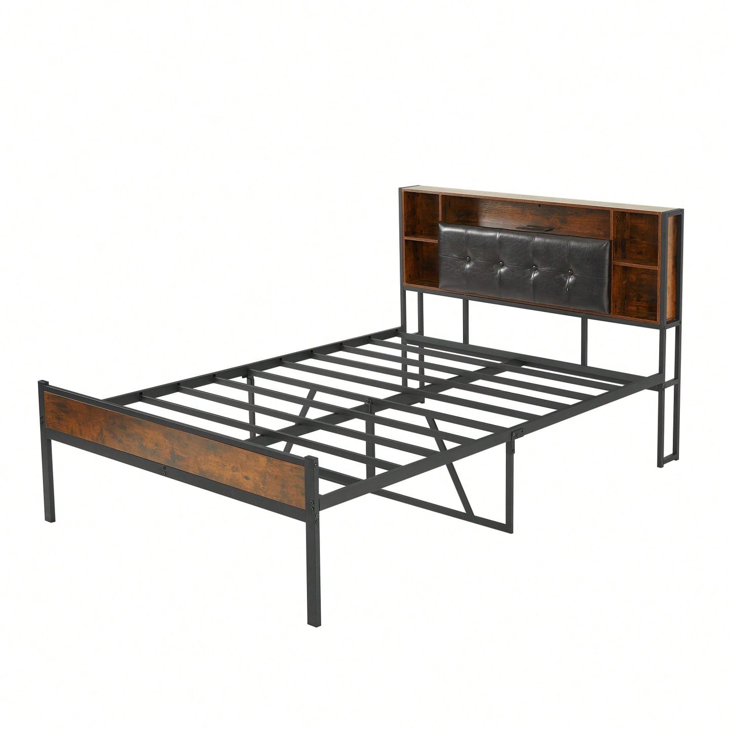 Rustic Brown Metal Platform Bed Frame with Storage Headboard USB Charging Station Heavy Duty Noise-Free Easy Assembly